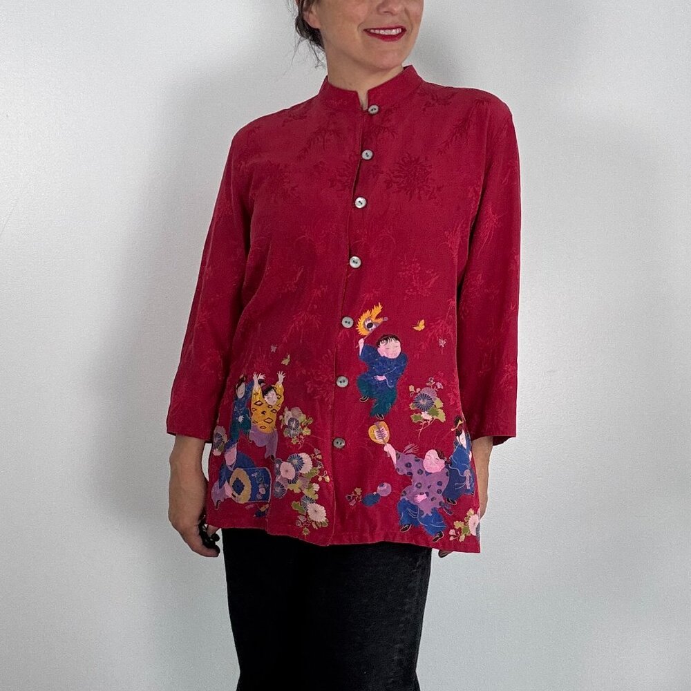 Vintage 90's Asian Inspired Silk Red Shirt - Side M